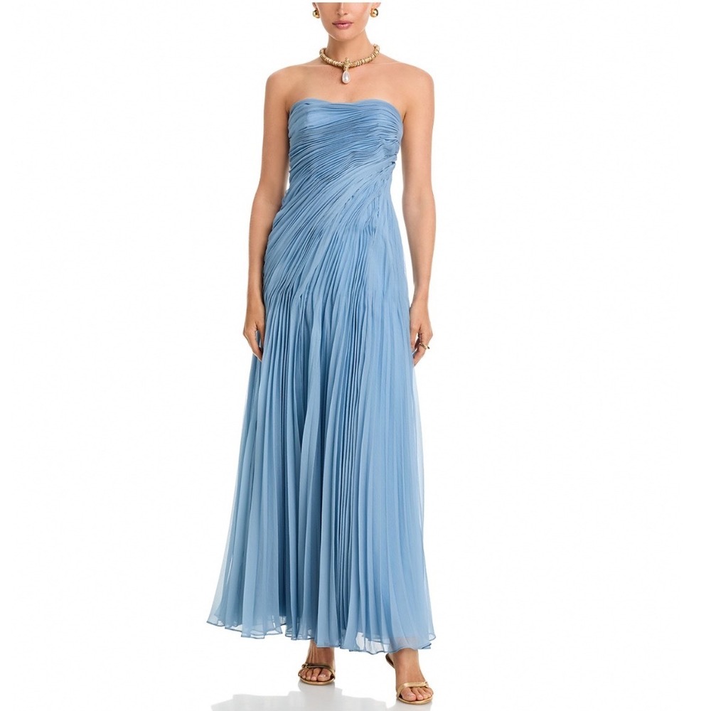 AMUR Elea Asymmetrical Pleated Gown Tropical Dusk Blue Strapless Dress Size 14